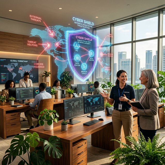 Bouclier de protection entourant un réseau informatique contre les cybermenaces.